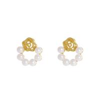 Brass Stud Earring with Plastic Pearl Flower gold color plated fashion jewelry & for woman nickel lead & cadmium free Sold By Pair