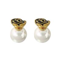 Brass Stud Earring with Plastic Pearl Flower gold color plated fashion jewelry & for woman & enamel nickel lead & cadmium free Sold By Pair