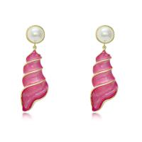 Tibetan Style Drop Earrings, with Plastic Pearl, Conch, gold color plated, for woman & enamel, more colors for choice, 25x72mm, Sold By Pair