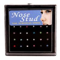 Stainless Steel Nose Piercing Jewelry, 316L Stainless Steel, with rhinestone, more colors for choice, 55x55mm, 10Boxes/Lot, 24PCs/Box, Sold By Lot