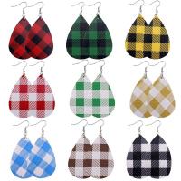 Earring Jewelry, PU Leather, with Tibetan Style, Teardrop, printing, Christmas Design & gingham & for woman, more colors for choice, 38x77mm, 10Pairs/Lot, Sold By Lot