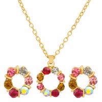 Conjuntos de jóias de liga de zinco, Brinco de garanhão & colar, cromado de cor dourada, 2 peças & joias de moda & para mulher & com strass, multi colorido, 17mm, comprimento 48 cm, vendido por Defina