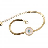 Stainless Steel Jewelry Bracelet, 304 Stainless Steel, with Turquoise & White Shell, with 5cm extender chain, Flat Round, Vacuum Ion Plating, Unisex, golden, Length:Approx 16 cm, Sold By PC
