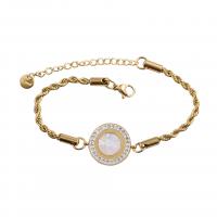 Stainless Steel Jewelry Bracelet 304 Stainless Steel with Rhinestone Clay Pave & White Shell with 5cm extender chain Flat Round Vacuum Ion Plating for woman golden Length Approx 16 cm Sold By PC