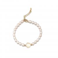 Freshwater Cultured Pearl Bracelet, Brass, with Shell & Freshwater Pearl, with 4.5cm extender chain, Flower, gold color plated, fashion jewelry & for woman, white, nickel, lead & cadmium free, Length:20.5 cm, Sold By PC