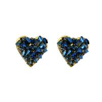 Brass Stud Earring with Glass Rhinestone Heart gold color plated fashion jewelry & for woman dark blue nickel lead & cadmium free Sold By Pair