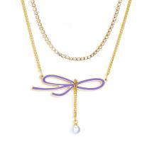 Mode-Multi-Layer-Halskette, 304 Edelstahl, mit Kunststoff Perlen, vergoldet, Doppelschicht & für Frau & Emaille & mit Strass, keine, Länge:ca. 40 cm, ca. 45 cm, verkauft von PC
