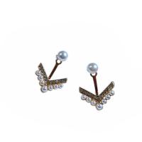 Zinc Alloy Stud Earring with Plastic Pearl gold color plated for woman & with rhinestone Sold By Pair