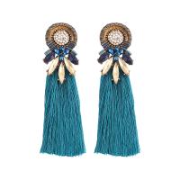 Fashion Fringe Earrings, Tibetan Style, with Polyester Yarns, plated, fashion jewelry & for woman & with rhinestone, blue, 85x25mm, Sold By Pair