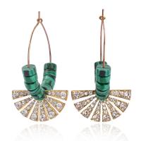 Rhinestone Earring, Tibetan Style, with Malachite, Fan, gold color plated, for woman & with rhinestone, green, nickel, lead & cadmium free, 25x40mm, Sold By Pair