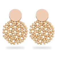 Brass Drop Earring Wood with Brass Flat Round gold color plated for woman Sold By Pair