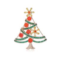 Broches de Noël, laiton, avec zircon cubique, arbre de noël, Placage de couleur d'or, Conception de Noël & pour femme, couleurs mélangées, protéger l'environnement, sans nickel, plomb et cadmium, 34x44mm, Vendu par PC