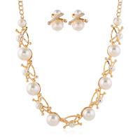 Tibetan Style Jewelry Sets, earring & necklace, with Plastic Pearl, gold color plated, for woman & with rhinestone, white, nickel, lead & cadmium free, 16mm,20x23mm, Length:Approx 45 cm, Sold By Set