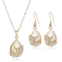 Cat Eye Jewelry Set, earring & necklace, Tibetan Style, with Cats Eye, with 5cm extender chain, Teardrop, rose gold color plated, for woman & with rhinestone, nickel, lead & cadmium free, 14mm,14x40mm, Length:Approx 41 cm, Sold By Set