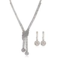 Rhinestone Jewelry Sets, earring & necklace, with Tibetan Style, with 14cm extender chain, silver color plated, for woman, clear, nickel, lead & cadmium free, 86mm,14x36mm, Length:Approx 47 cm, Sold By Set