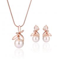 Tibetan Style Jewelry Sets, earring & necklace, with Plastic Pearl, with 5cm extender chain, rose gold color plated, for woman, white, nickel, lead & cadmium free, 15x28mm, Length:Approx 45 cm, Sold By Set
