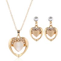 Cat Eye Jewelry Set, earring & necklace, Tibetan Style, with Cats Eye, Heart, gold color plated, for woman & with rhinestone, nickel, lead & cadmium free, 23x30mm,15x28mm, Length:Approx 45 cm, Sold By Set