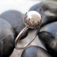 Brass Finger Ring with Plastic Pearl Round antique silver color plated & for woman white nickel lead & cadmium free 9.50mm Sold By PC