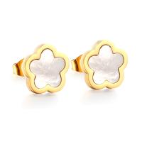 Stainless Steel Stud Earrings 304 Stainless Steel with White Shell Flower Vacuum Ion Plating fashion jewelry & for woman golden 11.80mm Sold By Pair