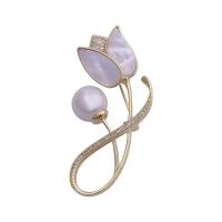 Shell Brooch, Brass, with Shell & Plastic Pearl, Tulip, gold color plated, fashion jewelry & micro pave cubic zirconia & for woman, nickel, lead & cadmium free, 57x29mm, Sold By PC