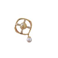 Cubic Zirconia Brooch, Brass, with Shell & Plastic Pearl, Square, gold color plated, fashion jewelry & micro pave cubic zirconia & for woman, nickel, lead & cadmium free, 20x35mm, Sold By PC