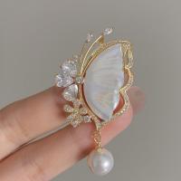 Shell Brooch, Brass, with Shell & Plastic Pearl, Butterfly, gold color plated, micro pave cubic zirconia & for woman, nickel, lead & cadmium free, 55x30mm, Sold By PC