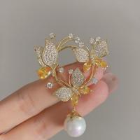 Cubic Zirconia Brooch, Brass, with Plastic Pearl, Butterfly, gold color plated, micro pave cubic zirconia & for woman, nickel, lead & cadmium free, 57x40mm, Sold By PC
