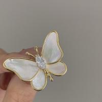 Shell Brooch, Brass, with Cubic Zirconia & Shell, Butterfly, gold color plated, for woman, white, nickel, lead & cadmium free, 27x37mm, Sold By PC