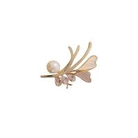 Shell Brooch, Brass, with Shell & Plastic Pearl, Branch, gold color plated, micro pave cubic zirconia & for woman, nickel, lead & cadmium free, 55x36mm, Sold By PC