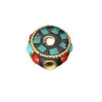 Brass Jewelry Beads, with Turquoise, Flat Round, gold color plated, DIY, mixed colors, nickel, lead & cadmium free, 14x7mm, Approx 10PCs/Bag, Sold By Bag