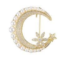 Cubic Zirconia Brooch, Brass, Moon, 14K gold plated, fashion jewelry & micro pave cubic zirconia & for woman, golden, nickel, lead & cadmium free, 25x26mm, Sold By PC