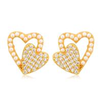 Tibetan Style Stud Earring, with Plastic Pearl, Heart, gold color plated, fashion jewelry & for woman & with rhinestone & hollow, nickel, lead & cadmium free, 14x8.50mm, Sold By Pair