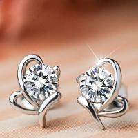Brass Stud Earring Heart platinum plated for woman & with cubic zirconia 8.50mm Sold By Pair