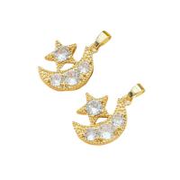 Cubic Zirconia Brass Pendants, with Cubic Zirconia, Moon and Star, gold color plated, for woman, nickel, lead & cadmium free, 17x25mm, 5PCs/Bag, Sold By Bag