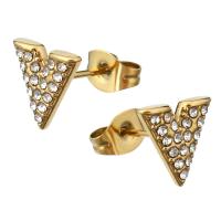 Stainless Steel Stud Earrings 304 Stainless Steel Letter V Vacuum Ion Plating for woman & with rhinestone golden Sold By Bag