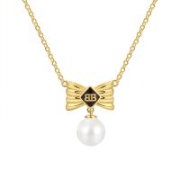 Brass Necklace with Plastic Pearl Bowknot plated for woman nickel lead & cadmium free Length Approx 45-50 cm Sold By PC