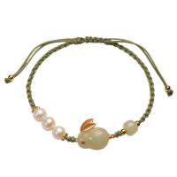 Freshwater Cultured Pearl Bracelet Hetian Jade with Knot Cord & pearl & Brass Rabbit gold color plated Adjustable & for woman & with rhinestone Length Approx 18.5 cm Sold By PC