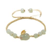 Gemstone Bracelets Hetian Jade with Knot Cord & Brass Rabbit gold color plated Adjustable & for woman & with rhinestone light green Length Approx 18.5 cm Sold By PC