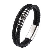 PU Leather Cord Bracelets, with 316 Stainless Steel, Skull, Double Layer & different length for choice & for man, more colors for choice, 12mm, Sold By PC