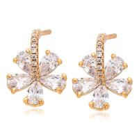 Tibetan Style Stud Earring, Flower, gold color plated, fashion jewelry & micro pave cubic zirconia & for woman, golden, nickel, lead & cadmium free, 11x14mm, Sold By Pair