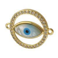 Connecteur Evil Eye, laiton, Rond, Placage de couleur d'or, bijoux de mode & DIY & motif de mauvais œil & pavé de micro zircon & émail, doré, 25x20x4mm, Trou:Environ 2mm, Vendu par PC