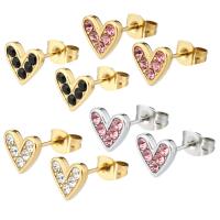Stainless Steel Stud Earrings, 304 Stainless Steel, Heart, Vacuum Ion Plating, for woman & with rhinestone, more colors for choice, 9x7x13mm, 6Pairs/Bag, Sold By Bag
