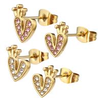 Stainless Steel Stud Earrings, 304 Stainless Steel, Heart, Vacuum Ion Plating, for woman & with rhinestone, more colors for choice, 8x10x12mm, 6Pairs/Bag, Sold By Bag