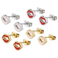 Stainless Steel Stud Earrings, 304 Stainless Steel, Lip, Vacuum Ion Plating, for woman & enamel, more colors for choice, 8.50x6.50x12mm, 6Pairs/Bag, Sold By Bag