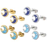 Stainless Steel Stud Earrings, 304 Stainless Steel, Moon, Vacuum Ion Plating, for woman & enamel, more colors for choice, 9x9x13mm, 6Pairs/Bag, Sold By Bag
