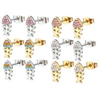 Stainless Steel Stud Earrings 304 Stainless Steel Fish Bone Vacuum Ion Plating for woman & with rhinestone Sold By Bag