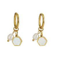 Titanium Steel  Earring with Plastic Pearl 18K gold plated fashion jewelry & for woman golden 31mm Sold By Pair