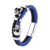 PU Leather Cord Bracelets, Microfiber PU, with 316 Stainless Steel, Skull, Double Layer & different length for choice & for man, more colors for choice, 12mm, Sold By PC