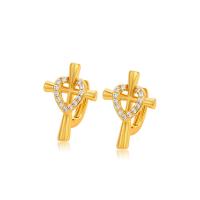 Tibetan Style Drop Earrings, Cross, gold color plated, fashion jewelry & for woman & with rhinestone, golden, nickel, lead & cadmium free, 13x19mm, Sold By Pair