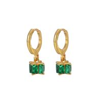 Boucles d'oreilles pendantes en laiton, avec zircon cubique, Placage de couleur d'or, pour femme, vert, protéger l'environnement, sans nickel, plomb et cadmium, 11x20mm, Vendu par paire